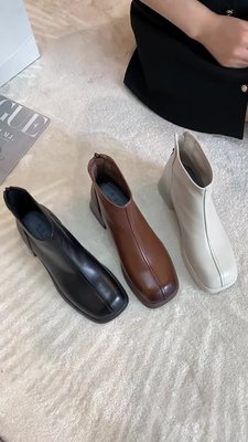 粗跟馬丁靴女法式2023年秋冬新款時尚小羊皮瘦瘦靴白色真皮短靴子