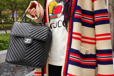 【COCO 精品專賣】Chanel A91122 Chevron backpack black 大型山形紋後背包 黑