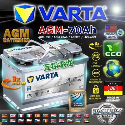 ✚中和電池✚ E39 德國華達 VARTA AGM 原廠電池 LN3 70AH 啟停系統 AUDI A3 Q3 V40