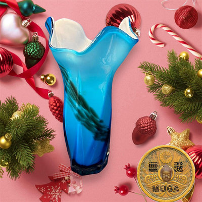【無我齋MUGA】老日本 硝子工藝 花邊藍玻璃花瓶/花器｜聖誕禮物 尺寸｜11x9x19cm