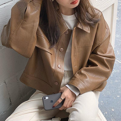 【潮派衣櫥】韓版chic秋季翻領單排扣寬鬆長袖西裝皮夾克