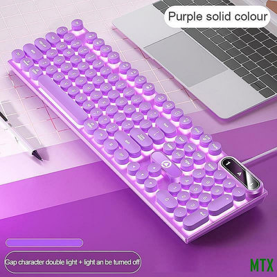 紫色粉色可愛發光遊戲電競鍵盤組紅軸茶軸機械式手感 復古朋克女生彩色USB有線圓形鍵帽薄膜圓鍵鍵盤電腦筆電外接鍵