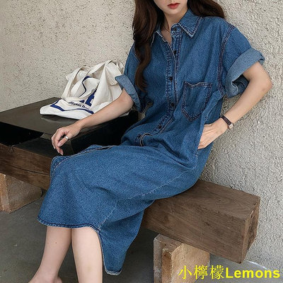 小檸檬Lemons36006 韓版慵懶風復古寬鬆牛仔短袖襯衫洋裝