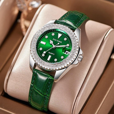 Pintime爆款皮帶女士手錶時尚潮流綠色小眾鑽石水鬼日曆夜光防水手錶女8125