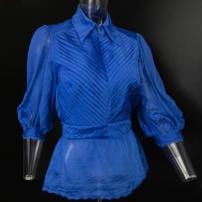 義大利品牌Paola Frani寶藍色蠶絲抓褶風琴七分袖上衣 義大利製