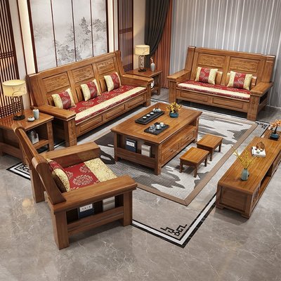 【現貨】溫暖一家香樟木實木沙發現代小戶型套裝組合新中式雕花客廳木沙發