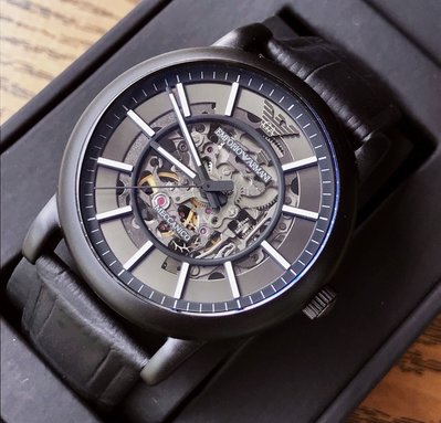 EMPORIO ARMANI  鏤空錶盤 黑色皮革錶帶 男士 自動機械錶 AR60008