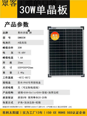 易科30w太陽能電池板充電板單晶硅玻璃太陽能板18v發電板車載水泵~眾客丁噹的口袋