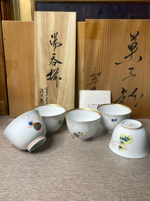 日本深川制 深川製磁 六瓢 紋樣 葫蘆 薄胎  五客杯 骨瓷