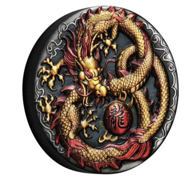 鑑定幣 PCGS MS69 金盾 2020 吐瓦魯 龍 2 盎司 銀幣 高浮雕 彩龍 Dragon Coloured Antiqued 2oz