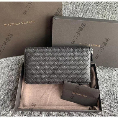 CC二手 98新 BOTTEGA VENETA 小菱格 男士拉鏈 黑色 長款錢包 長夾