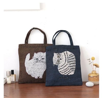 日本 m.m 繪本家 松尾美雪 手繪 刺繡 動物 平織手提包 手提袋 貓咪 貓頭鷹 立體感兩面一樣圖案