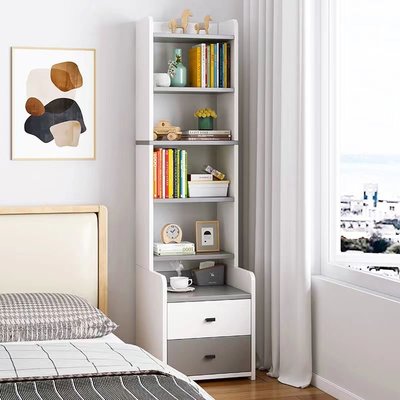 床頭書架置物架落地式INS風學生書柜小型書架簡易落地床頭柜高款-特價