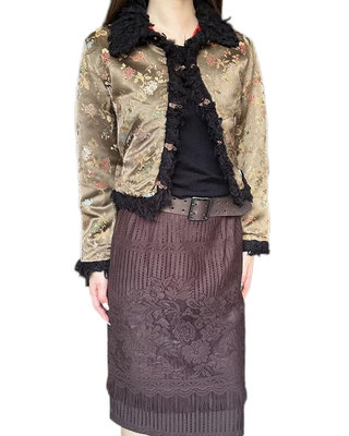 歐洲法國新中式緞面蝴蝶刺繡盤口毛邊棉服外套