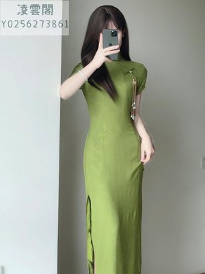 綠色提花年輕款改良旗袍2023年夏季新款復古老上海年輕款少女日常
