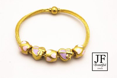 JF金進鋒珠寶金飾 紫色蝴蝶結 黃金串珠潘朵拉 金飾手環皮手環 黃金手環重0.29錢P53