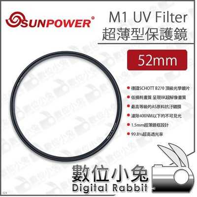 數位小兔【SUNPOWER M1 UV Filter 超薄型 保護鏡 52mm】UV鏡 高透光 保護鏡 超薄框 濾鏡