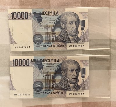 全新 義大利10000里拉   連號2張  義大利紙幣   紙鈔  電池發明人   伏打