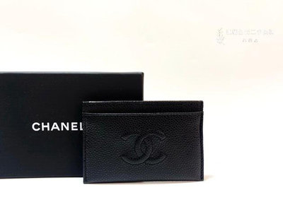 台南店 遠麗全新二手名牌館~V1267 Chanel 黑荔枝牛皮雙C logo壓印扁型卡片夾