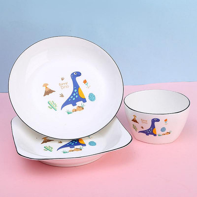 家用陶瓷餐具菜盤子卡通網紅可愛陶瓷黑邊圓盤子飯盤創意餐具套裝
