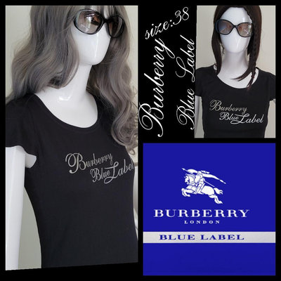 日系Burberry 藍標黑色銀字U領Tshirt ，尺寸：38號（S,M號）