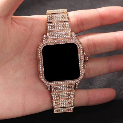 熱銷 帶鑽不鏽鋼錶殼 手錶錶帶改裝套裝 金屬錶帶 適用Apple Watch 8 7 6 5 4 44 45mm現貨