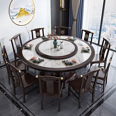 新中式實木餐桌2m高檔家用圓形大戶型別墅12人大圓桌滿減 促銷 夏季