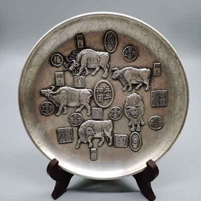 現貨熱銷-【紀念幣】仿古做舊古玩銅器收藏五牛神圖盤子大號碟子家居飾品擺設不帶支架
