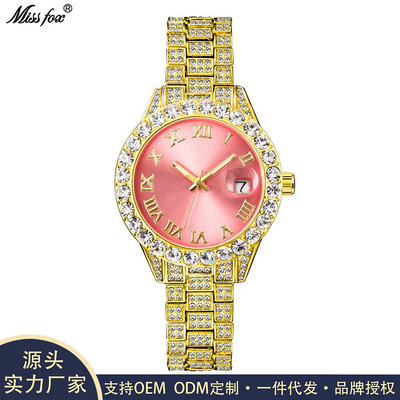 現貨女士手錶腕錶MISSFOX手錶 跨境熱賣時尚大氣羅馬滿鑲鉆日歷防水夜光女士手錶