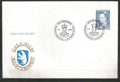 張真人古玩收藏格陵蘭 1990年 丹麥 女王 郵票 首日封 一枚 6.5克朗