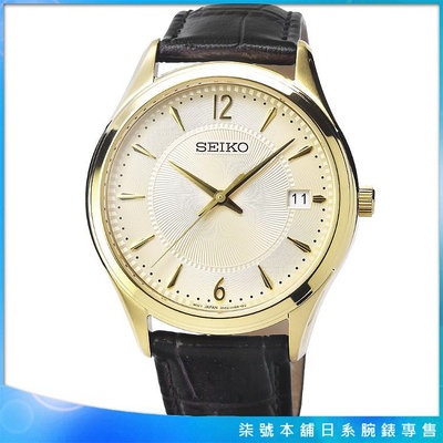 【柒號本舖】SEIKO精工藍寶石時尚皮帶男錶-白面金框 / SUR472P1