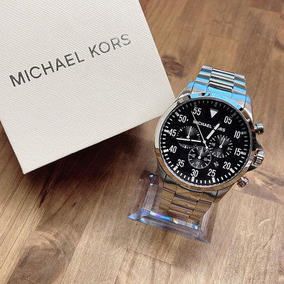 美國百分百【Michael Kors】手錶 MK8413 男錶 MK 不鏽鋼腕錶 三眼計時 黑面 銀錶帶 BF65