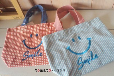 ˙ＴＯＭＡＴＯ生活雜鋪˙日本進口雜貨人夏日限定好心情微笑刺繡格紋 條紋圖純棉手提袋 托特包(現貨+預購)
