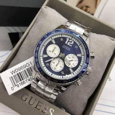GUESS 藍色錶盤 銀色不鏽鋼錶帶 石英 三眼計時 男士手錶 W0969G1