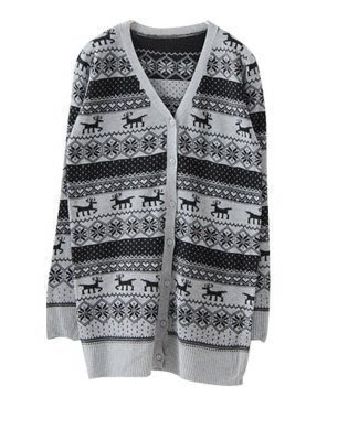 冬季雪花麋鹿排釦針織長版外套 V領罩衫 黑灰色