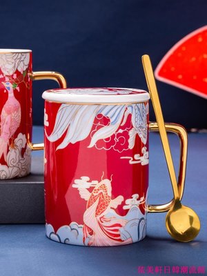 爆款-中國風創意陶瓷水杯個性馬克杯家用帶蓋勺情侶咖啡杯子復古國潮