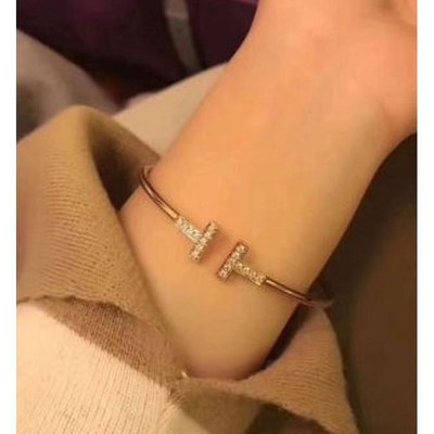 Tiffany/蒂芙尼 鑲鑽雙T開口手鐲 18K玫瑰金 手環帶鑽 T系列 手鏈女