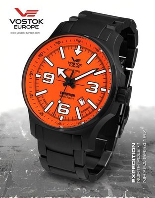 ((( 格列布 ))) Vostok-Europ 自動錶 * 北極探險隊用錶 ( 97 ) 橘面 --- 鋼帶