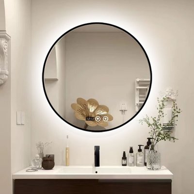 熱銷 鋁框浴室鏡圓形背光led衛生間鏡子洗漱臺化妝鏡掛墻式帶燈智能鏡