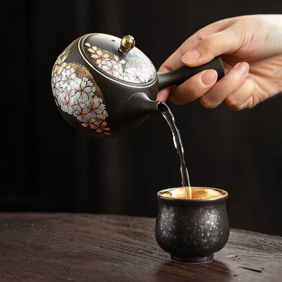 椒房 現貨日本進口九谷燒金色花海側把急須日式和風手工陶瓷過濾泡茶壺 gy