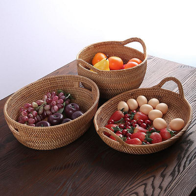越南藤編收納籃帶提手 家用水果籃客廳零食雜物糖果籃茶幾干果盒