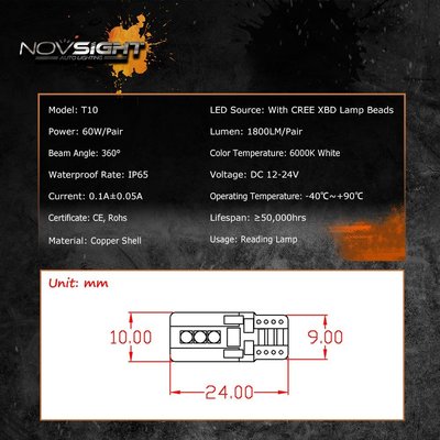 6000K Led T10 Novsight  Powerful Cree XBD 晶片 3w 亮白光 Osram Neolux Ring UK 4000k
