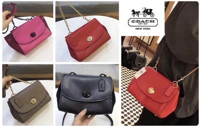 小皮美國正品代購 COACH 22349 新款女士翻蓋旋轉扣金屬鍊條背帶 單肩斜背包 旋扣鎖設計 荔枝紋牛皮 附購證