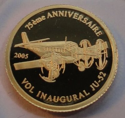 【熱賣精選】【海寧潮期貨】剛果2005年容克斯Ju52運輸機75周年1/25盎司金幣