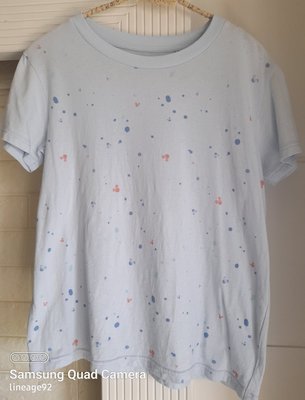 「二手９成新-M」日本品牌UNIQLO迪士尼聯名款100%棉橙色米奇頭淺藍色短袖上衣(單穿不透)
