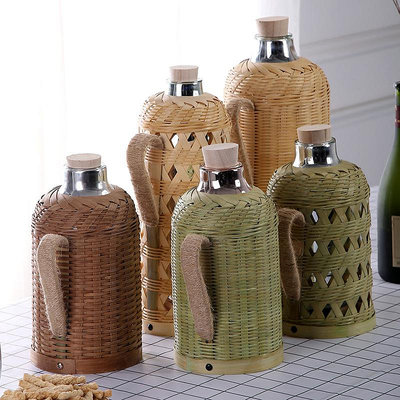竹編熱水瓶系列復古暖水壺鍍銅玻璃內膽手編外殼家用普通傳統木塞
