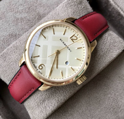 BURBERRY Classic 香檳金色錶盤 紅色皮革錶帶 石英 女士手錶 BU10102