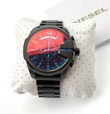 DIESEL Mega Chief 偏光變色錶盤 黑色不鏽鋼錶帶 石英 三眼計時 男士手錶 DZ4318