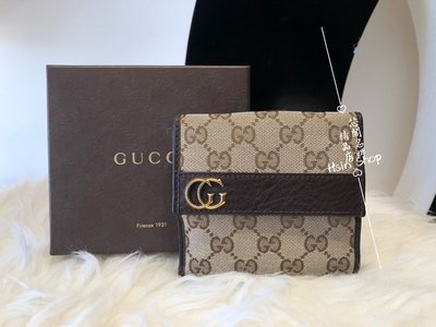 ※芯閣名牌精品店※ Gucci 245760 咖啡色 緹花布 釦子 雙面 零錢袋 短夾 9成新