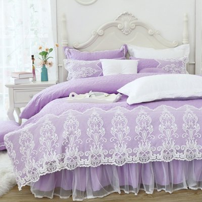 鋪棉床罩 標準雙人床罩 公主風床罩 簡約風情 紫色 蕾絲床罩 結婚床罩 床裙組 荷葉邊 100%精梳棉 任何尺寸可訂製